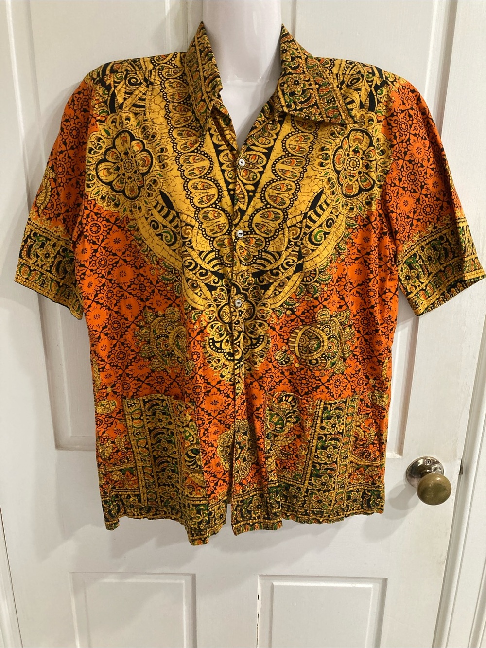 Vintage  Thai cottonShort-Sleeve Orange & Yellow Patterned Button-Up Shirt